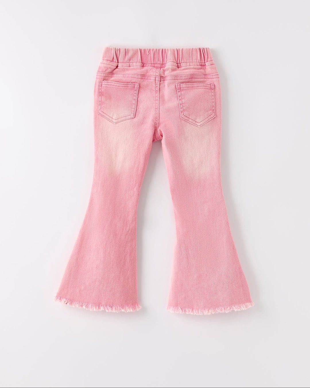 Pink elastic-waist flared denim jeans with back pockets and frayed hems