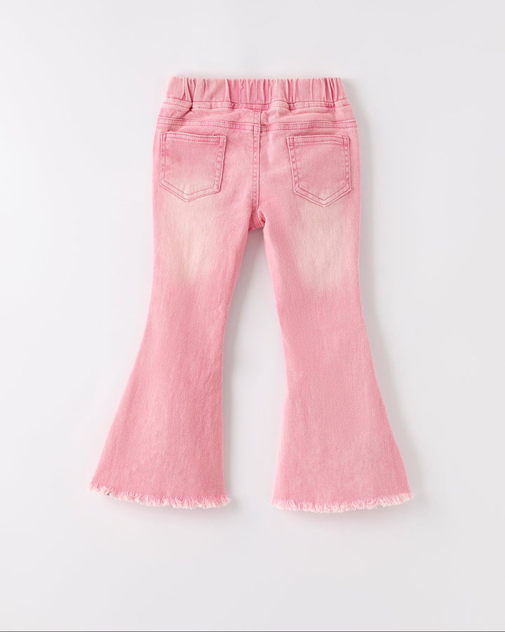 Pink elastic-waist flared denim jeans with back pockets and frayed hems