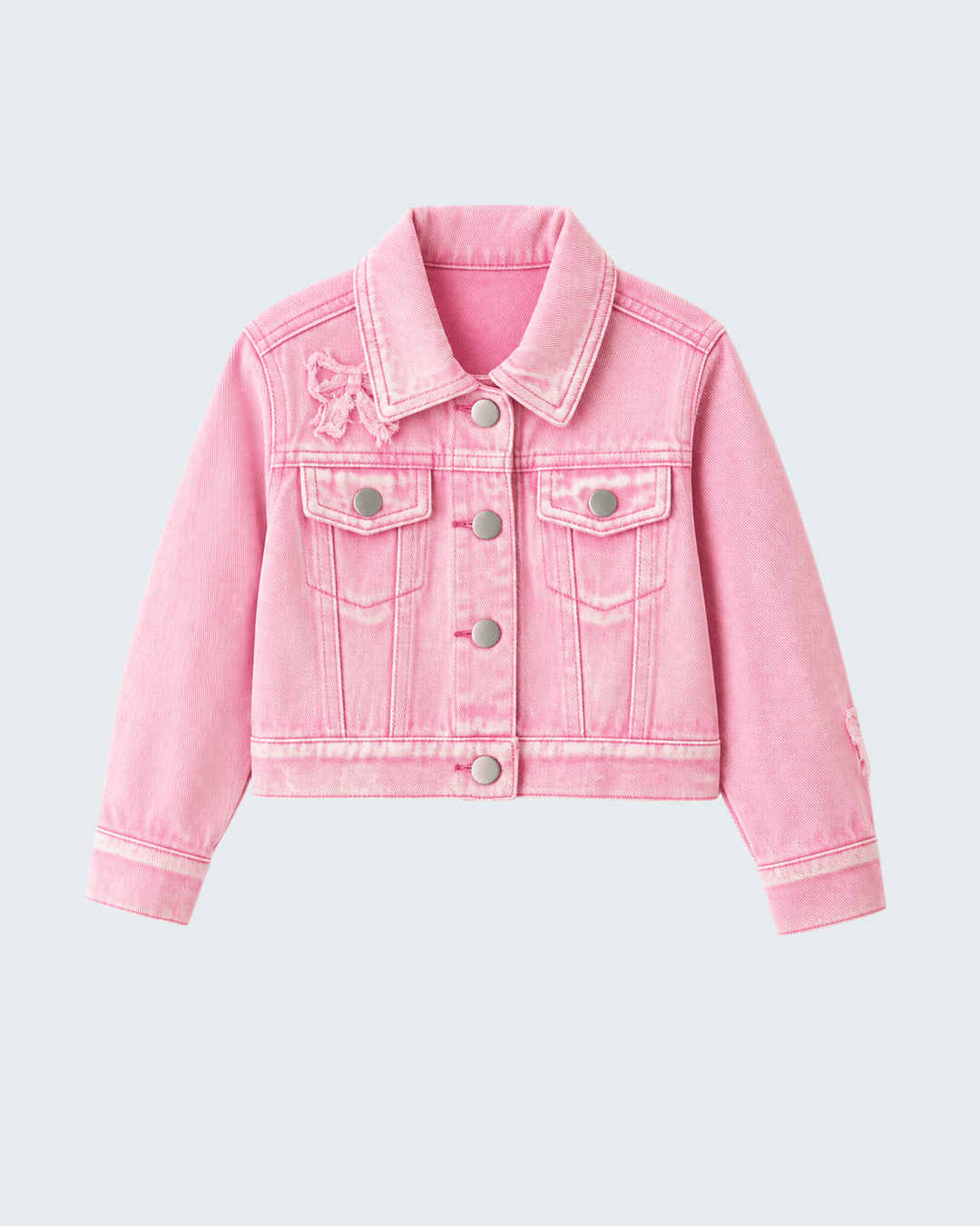 Pink denim jacket with pointed collar, snap buttons, and flap chest pockets