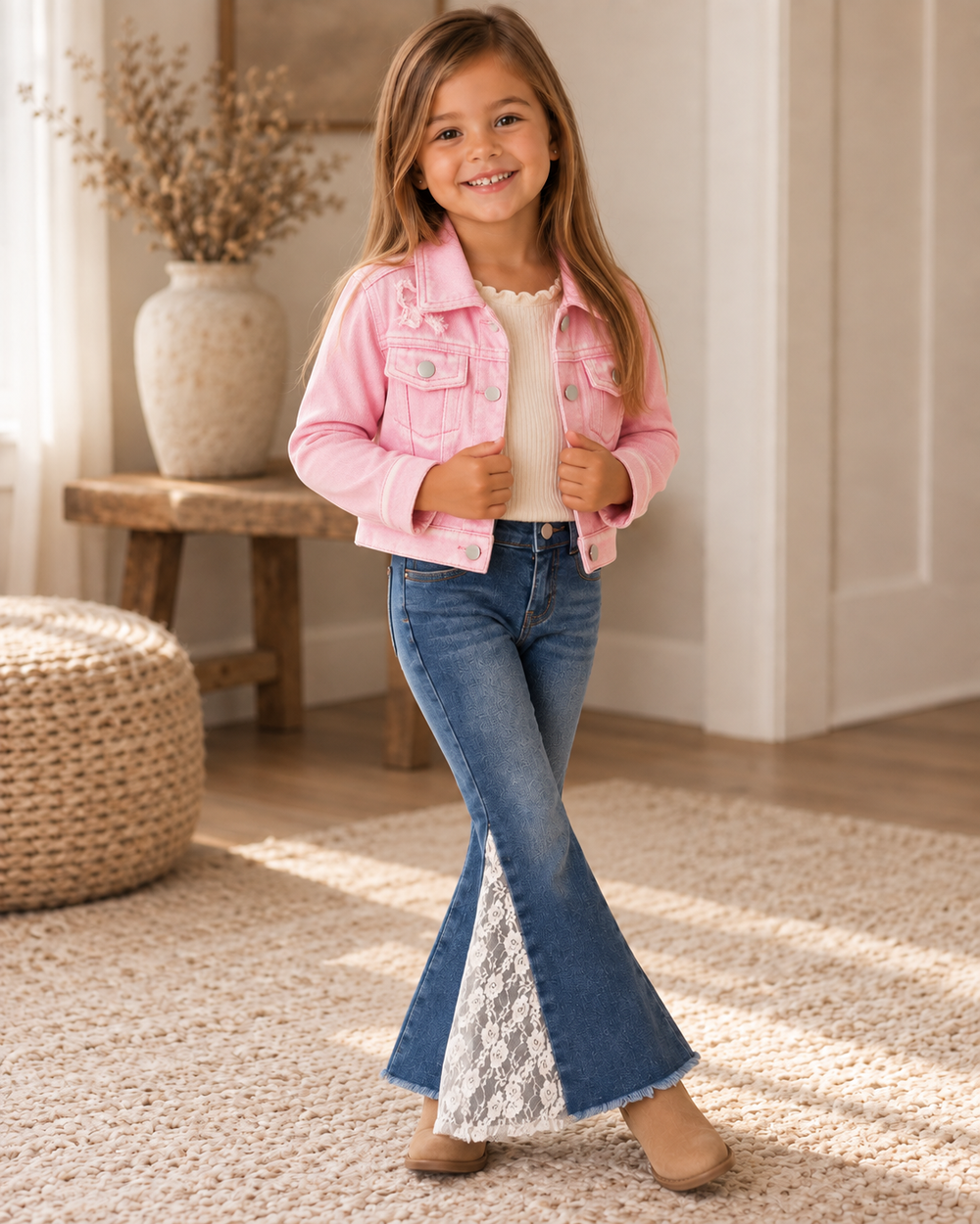 Pink denim jacket with button front, pointed collar, and chest flap pockets