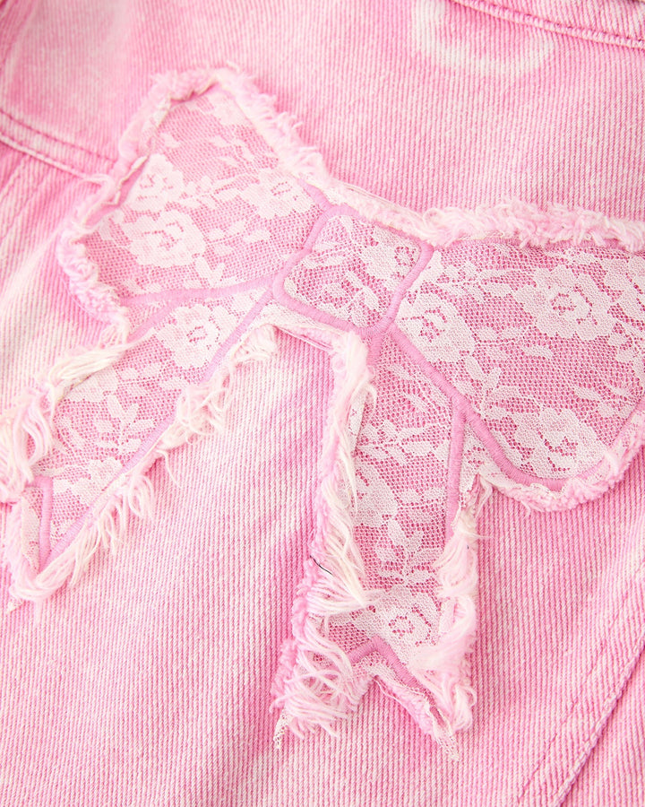 Pink lace bow applique on the back of a girls&