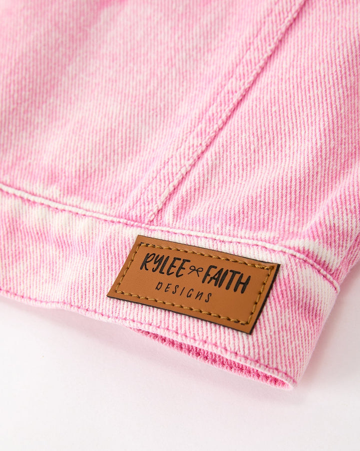 Pink denim jacket hem label patch: KILEE FAITH DESIGNS