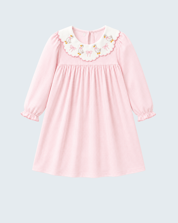 Pink gingham dress with duck-embroidered Peter Pan collar and long puff sleeves