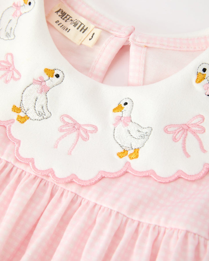 Pink embroidered Peter Pan collar with ducks and bows, scalloped edging