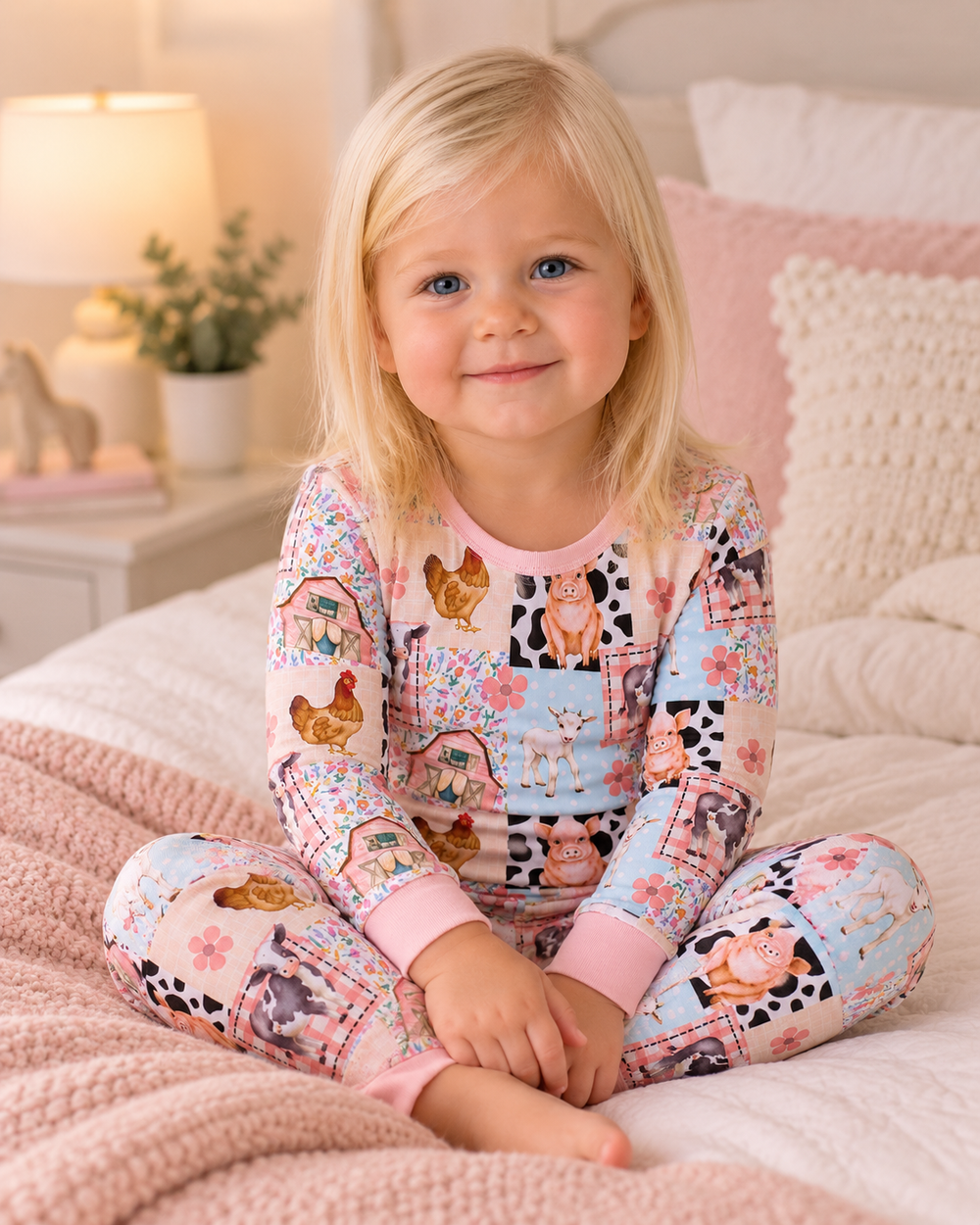 toddler girl is wearing a Pink Farm Animals Bamboo Pajama Set