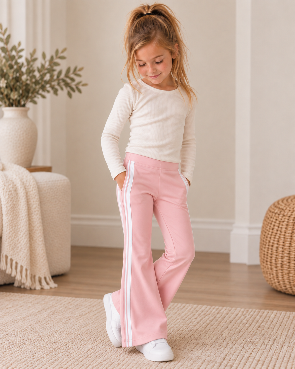 Pink flare active pants on model with double side white stripes