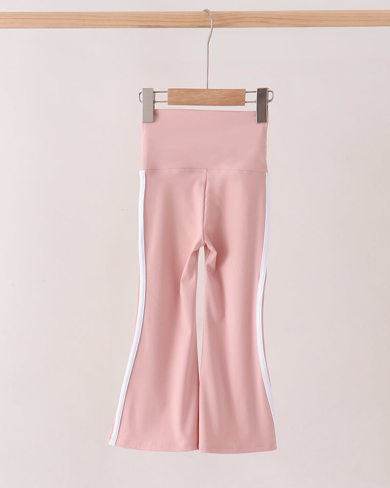 Pink flare active pants with double side stripe and slim fit through thigh