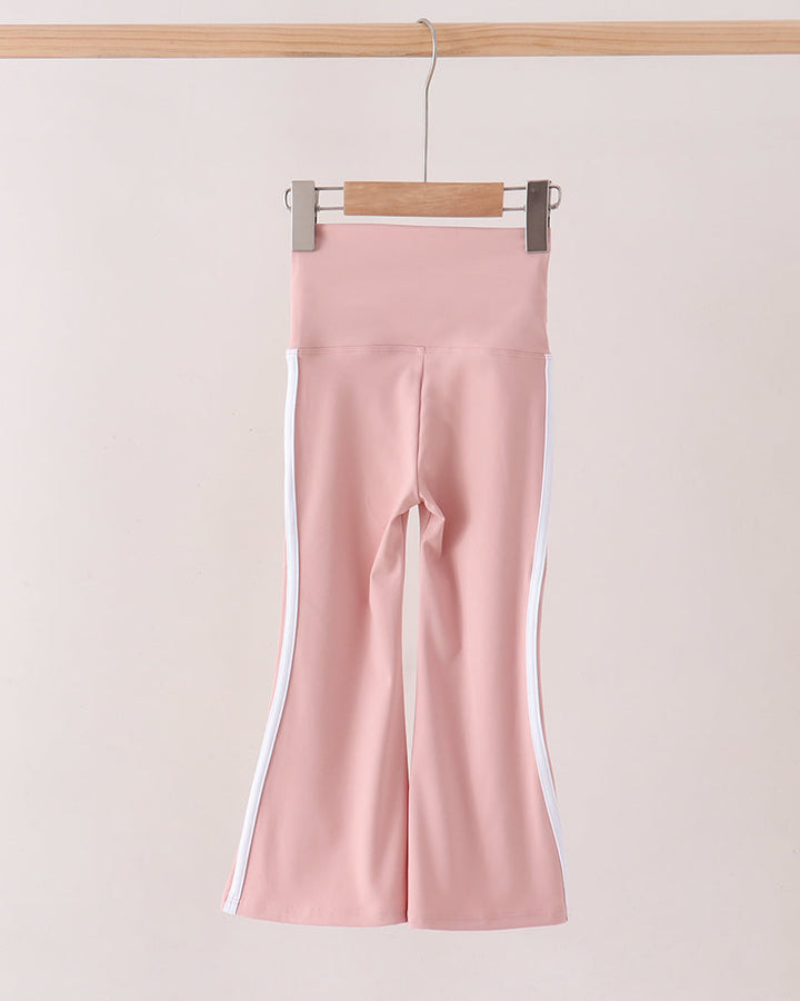 Pink flare active pants with double side stripe and slim fit through thigh