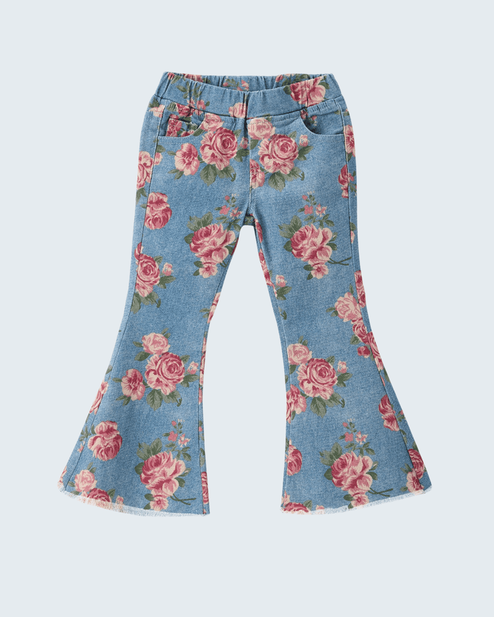 Pink rose-print flared denim jeans with elastic waistband, full-length pants