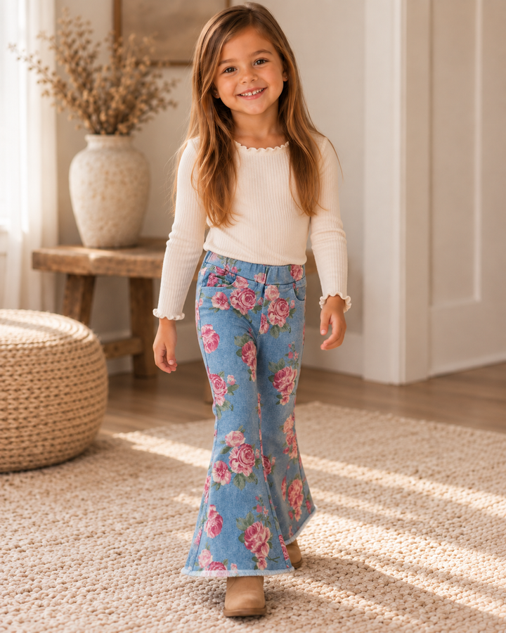Kids rose-floral flared denim jeans with elastic waist and wide bell legs