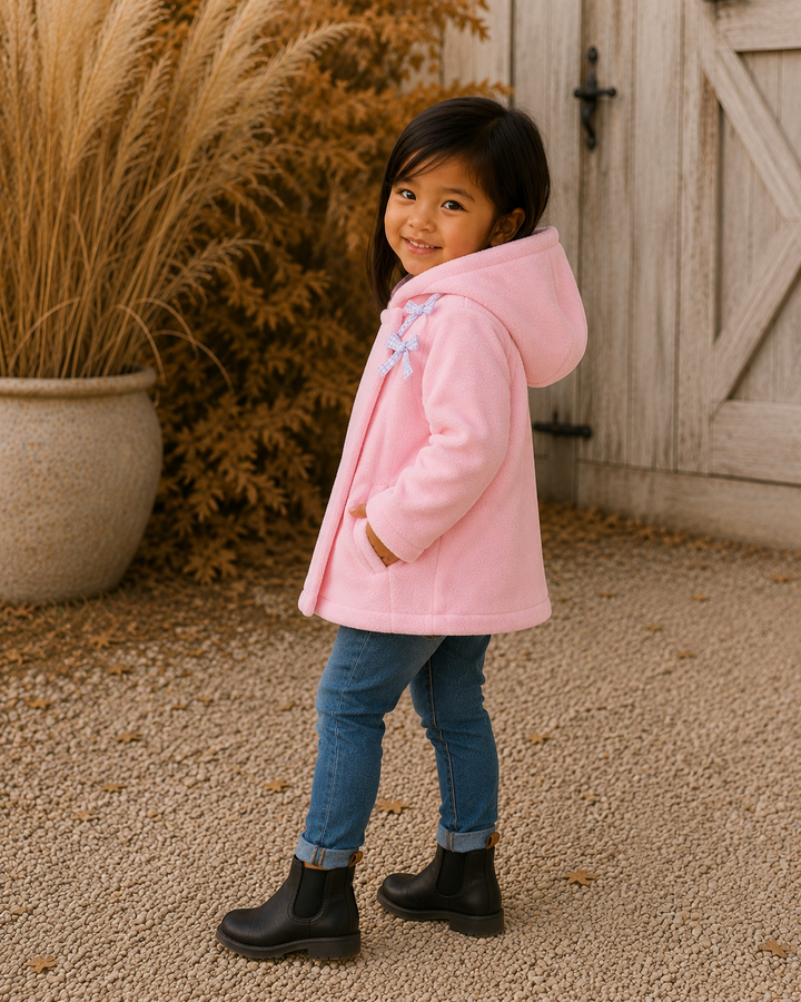 Pink fleece hooded bow coat worn by child, side profile with long sleeves.