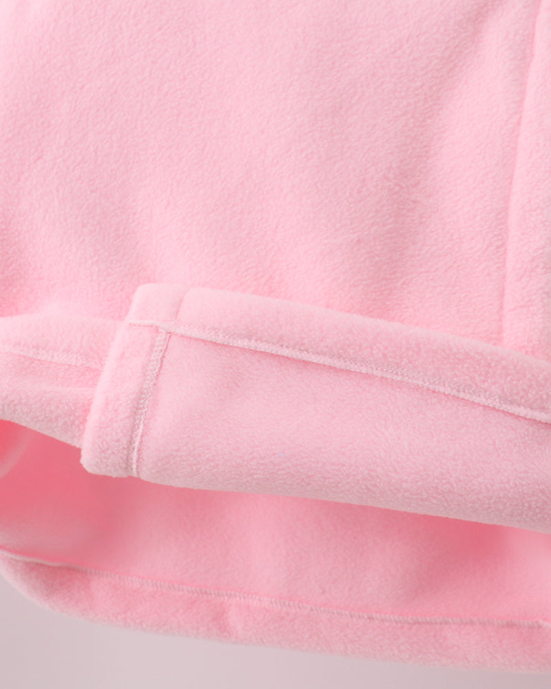 Pink fleece coat sleeve and hem with double-layer cuff stitching detail.