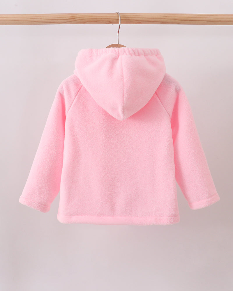 Pink fleece hooded coat with drawstring-free hood and long sleeves, front view.
