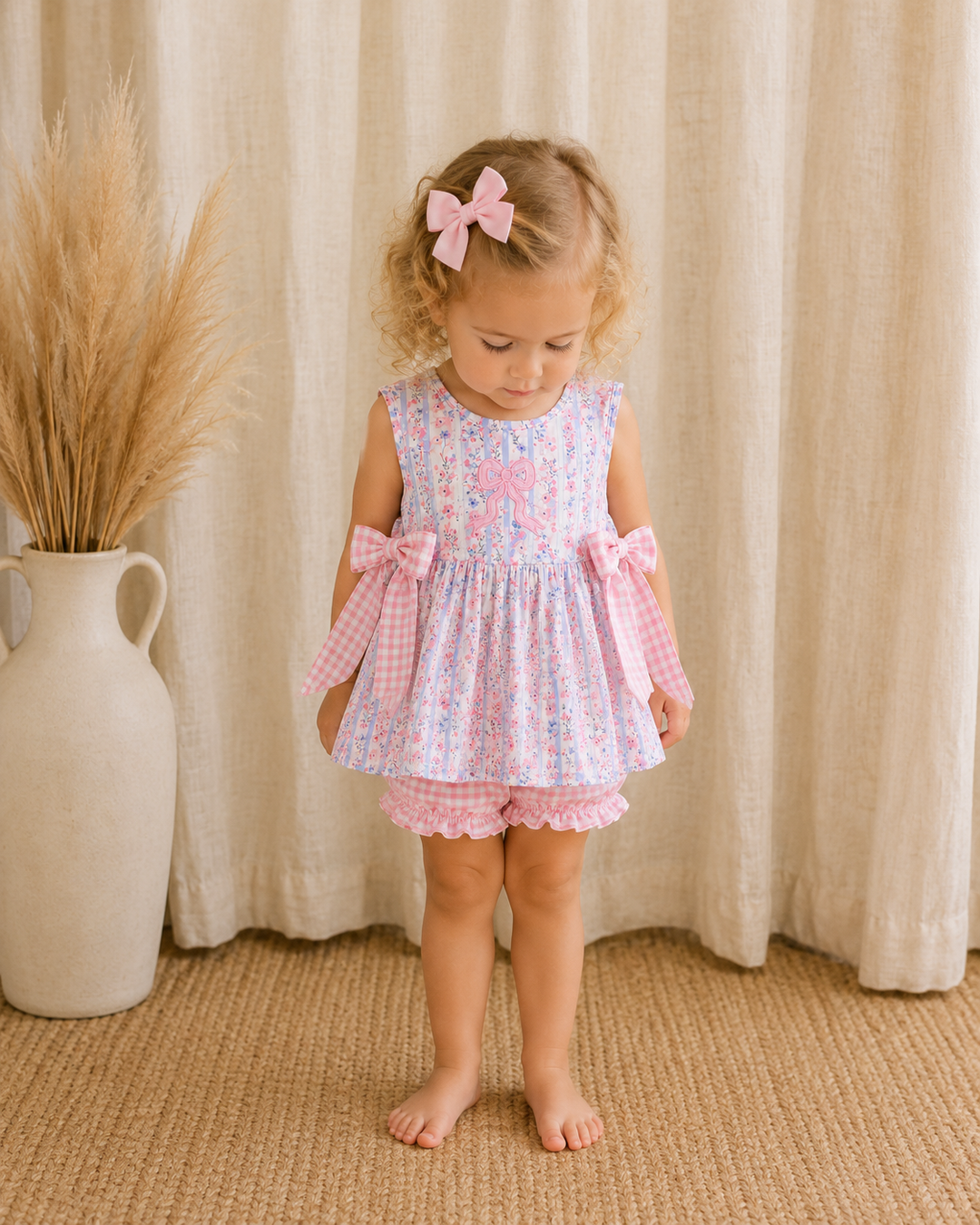 Young girl in a pink floral dress standing in front of a beige curtain.