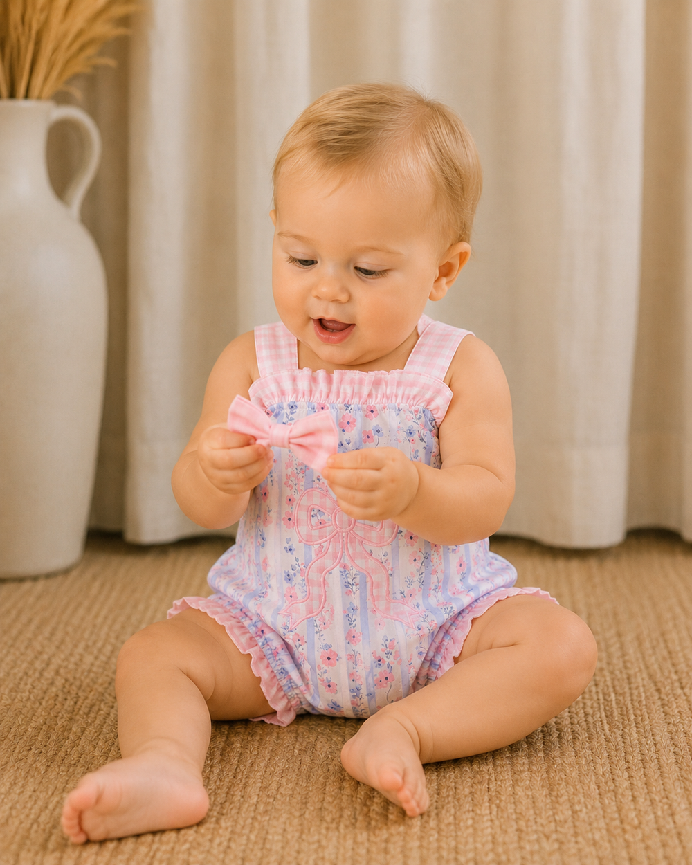 Baby sitting on a carpeted floor wearing a floral romper.