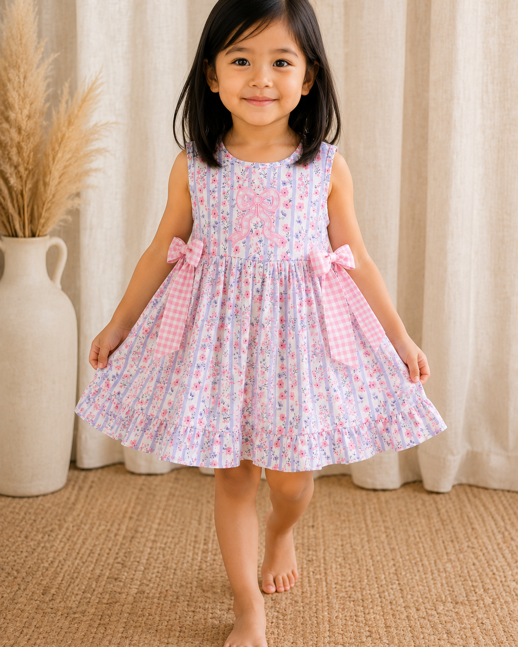 Young girl in a floral dress standing in front of a beige curtain.