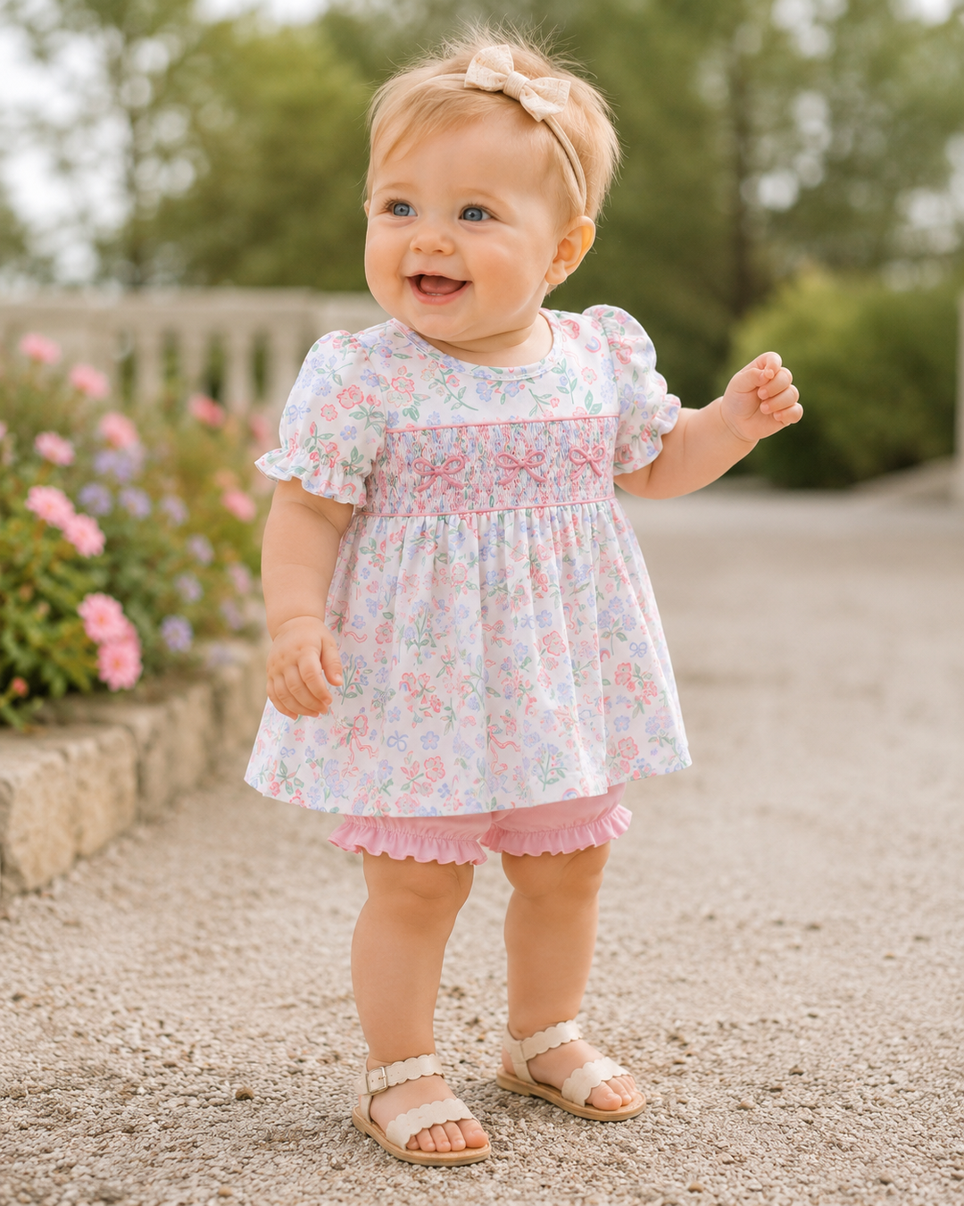 Baby in a floral dress standing outdoors with flowers and greenery in the background
