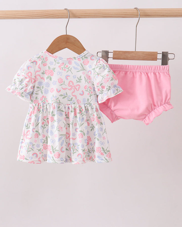 Pink Floral Bow Smocked Ruffle Bloomer Set on light grey background