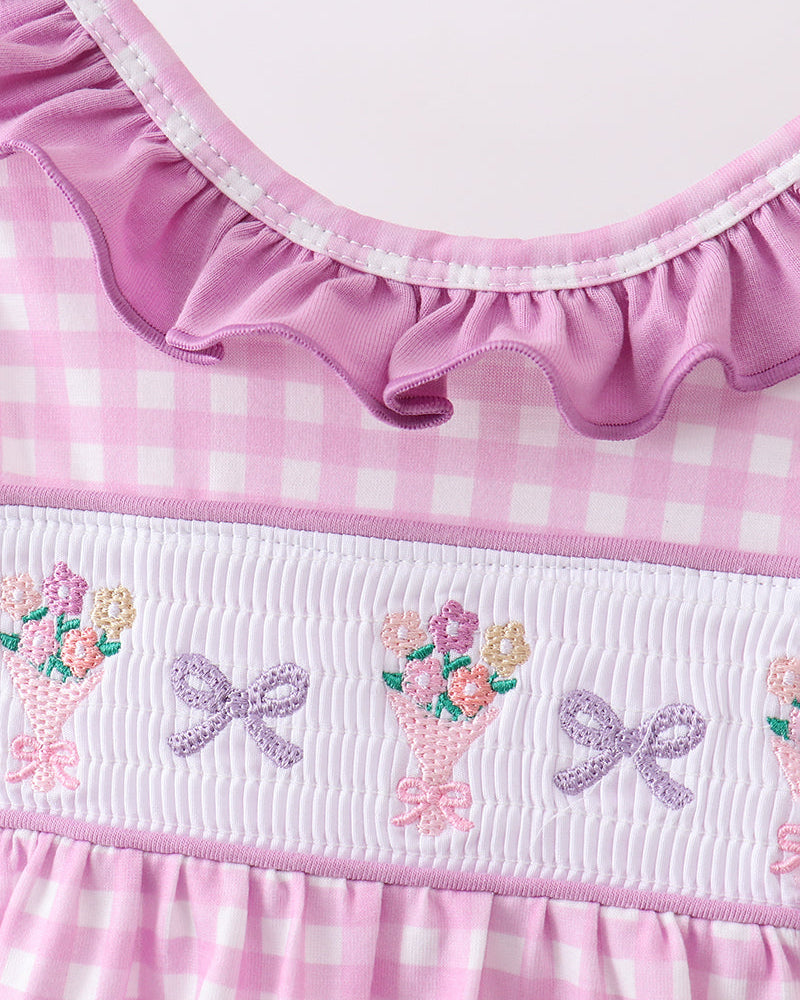 Pink checkered dress with floral and bow embroidery