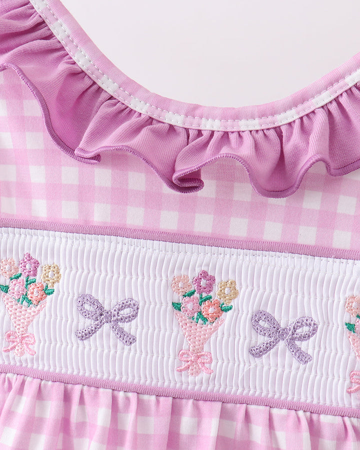 Pink checkered dress with floral and bow embroidery