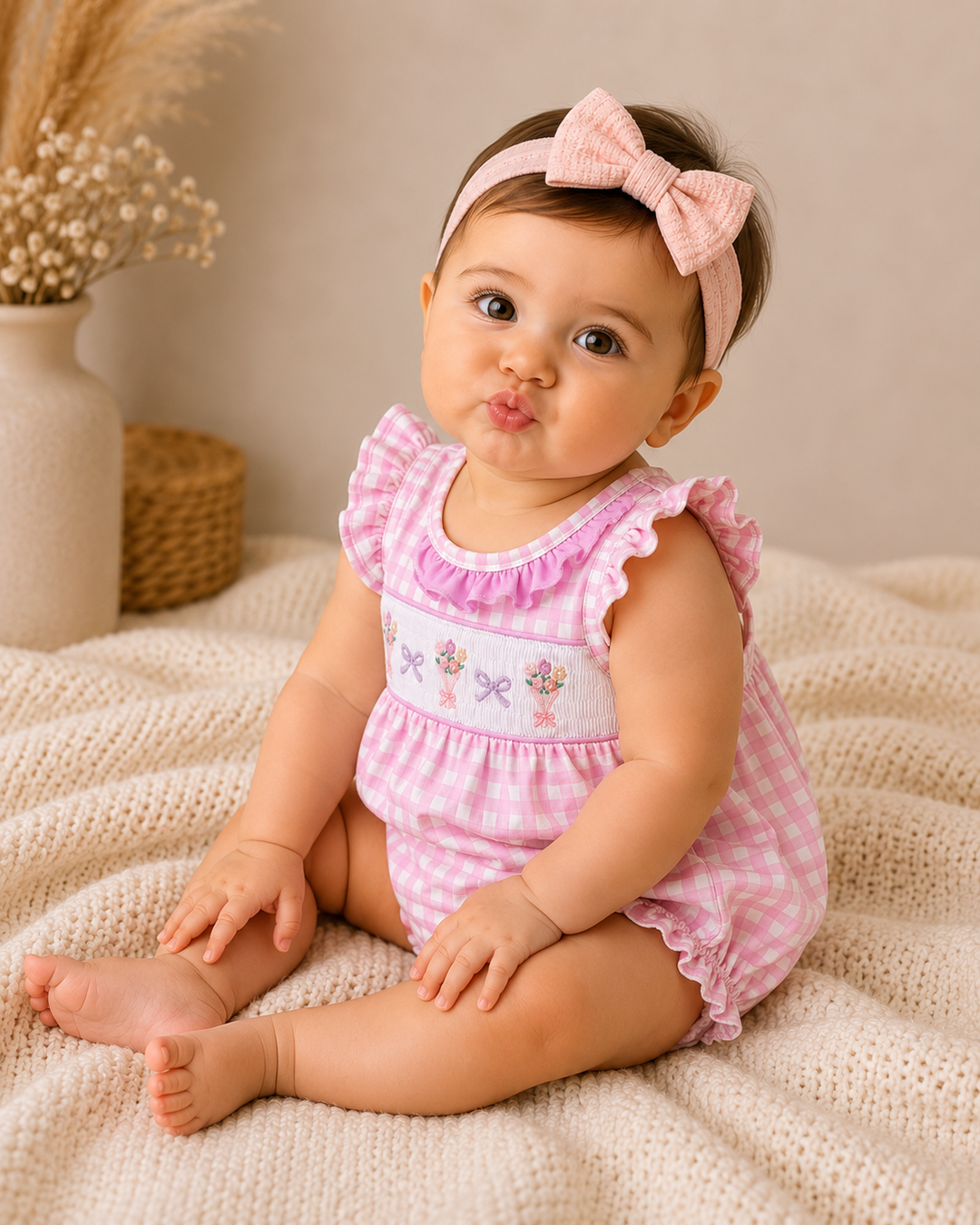 Baby girl in a pink outfit with ruffles and a bow, sitting on a textured surface.