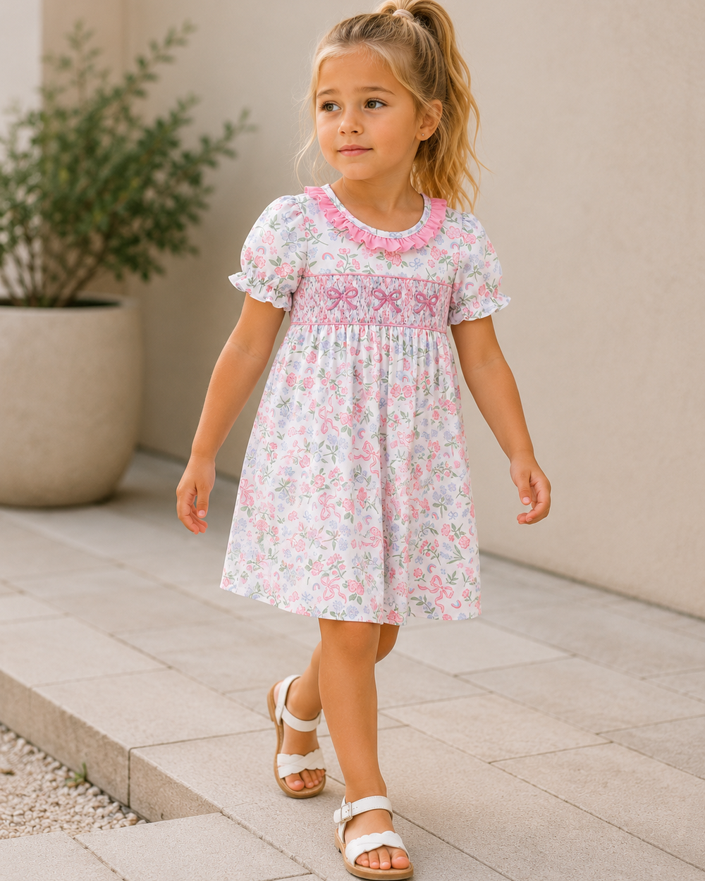 Young girl in a floral dress walking outdoors on a stone path.