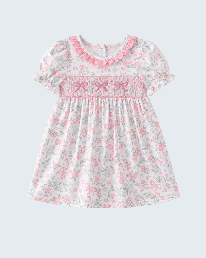 Pink Floral Bow Smocked Ruffle Dress