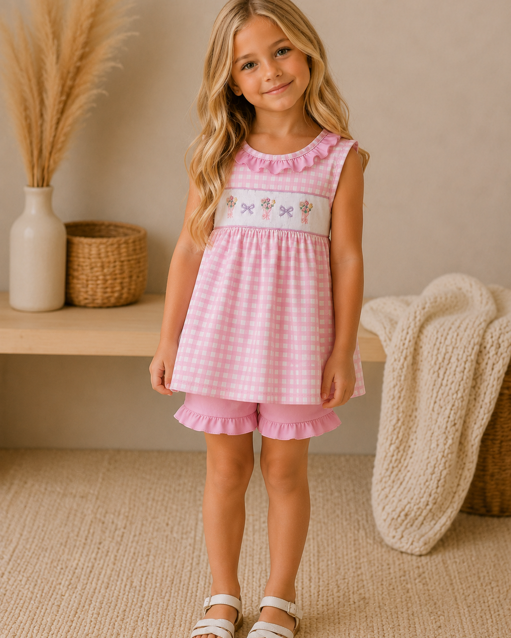 Young girl in a pink dress standing in a room with a neutral color palette.