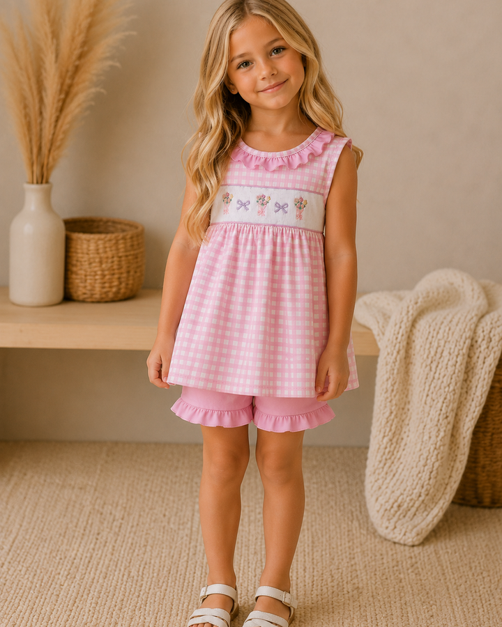 Young girl in a pink dress standing in a room with a neutral color palette.