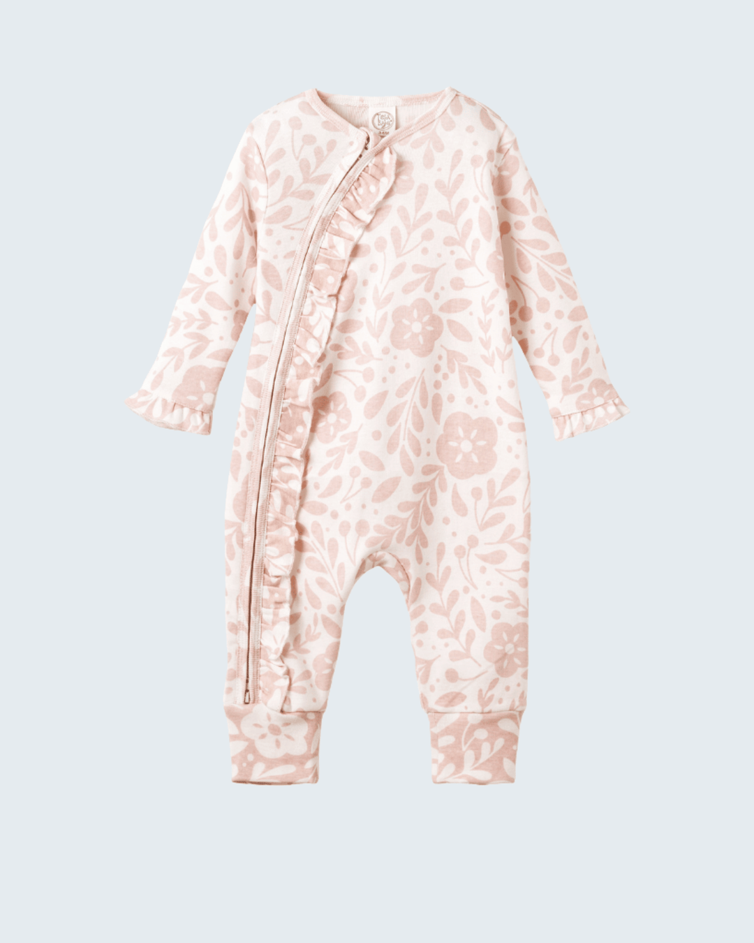 Pink floral cotton zip-front romper with long sleeves and footed pant legs
