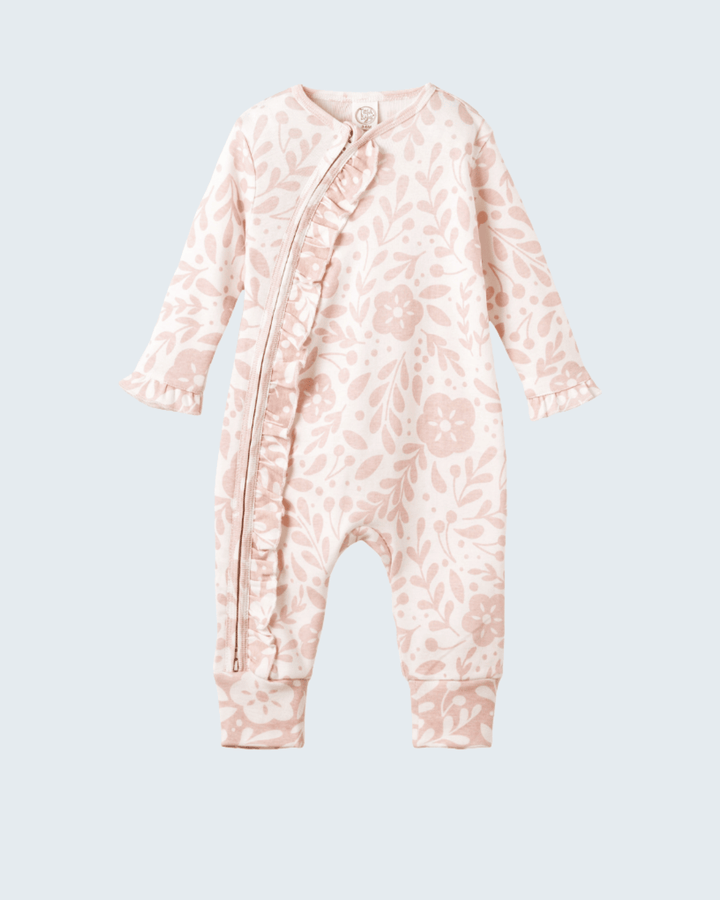 Pink floral cotton zip-front romper with long sleeves and footed pant legs