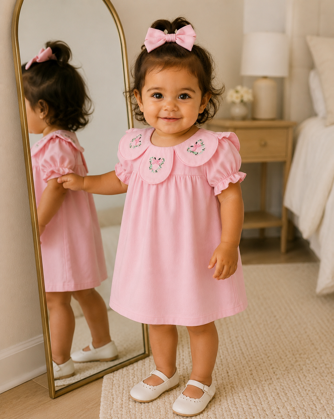 A toddler girl wearing a light pink dress with a ruffled Peter Pan collar decorated with small floral embroidery, a matching pink bow in her hair, and white Mary Jane shoes, standing in front of a mirror in a softly lit bedroom.
