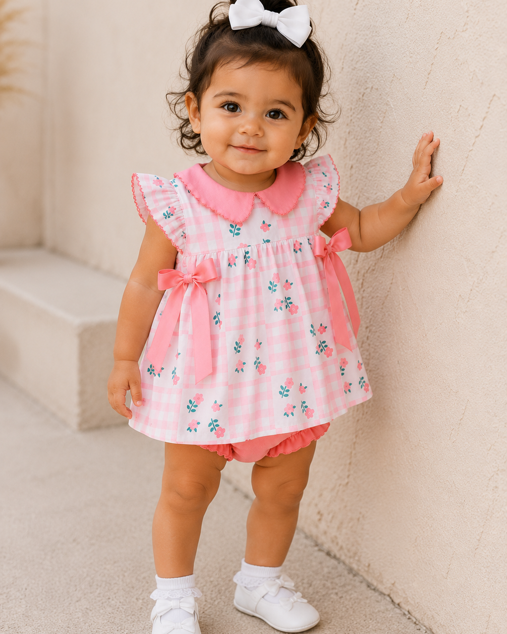 Child wearing a pink floral dress standing against a beige wall.