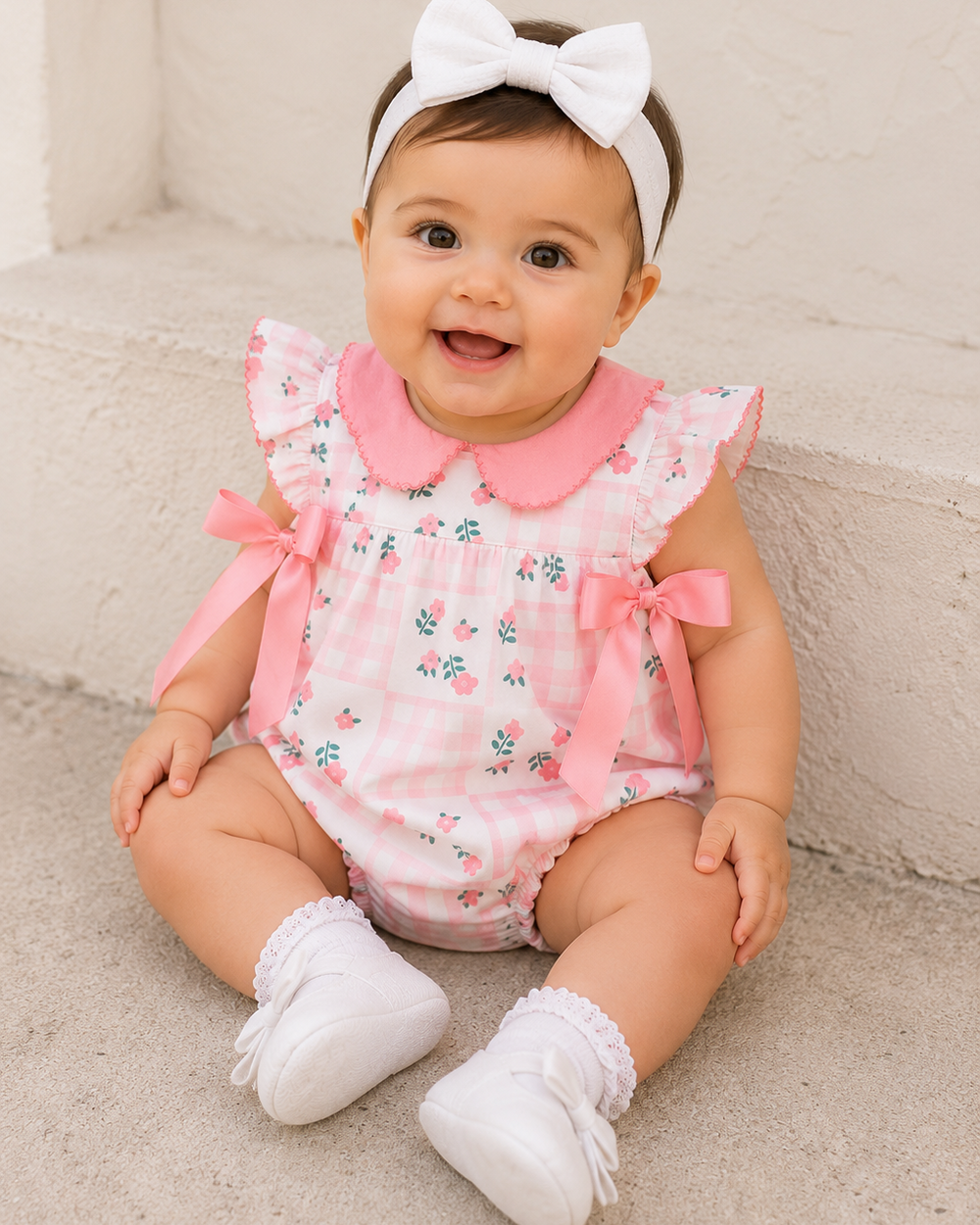 Baby wearing a pink floral outfit with a white bow headband on a light background
