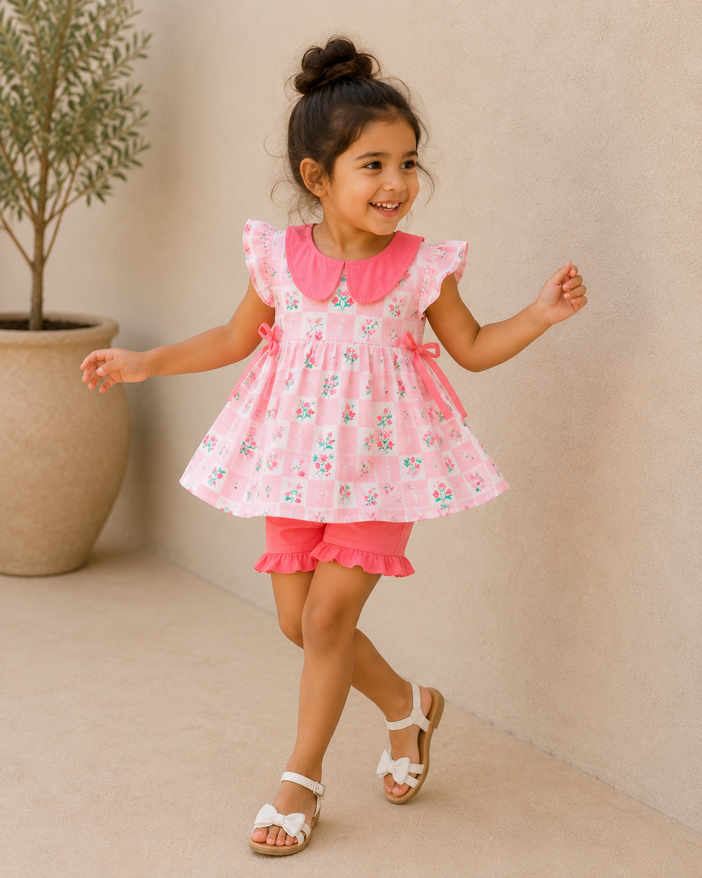 Young girl in a pink floral dress and shorts standing indoors with a neutral background