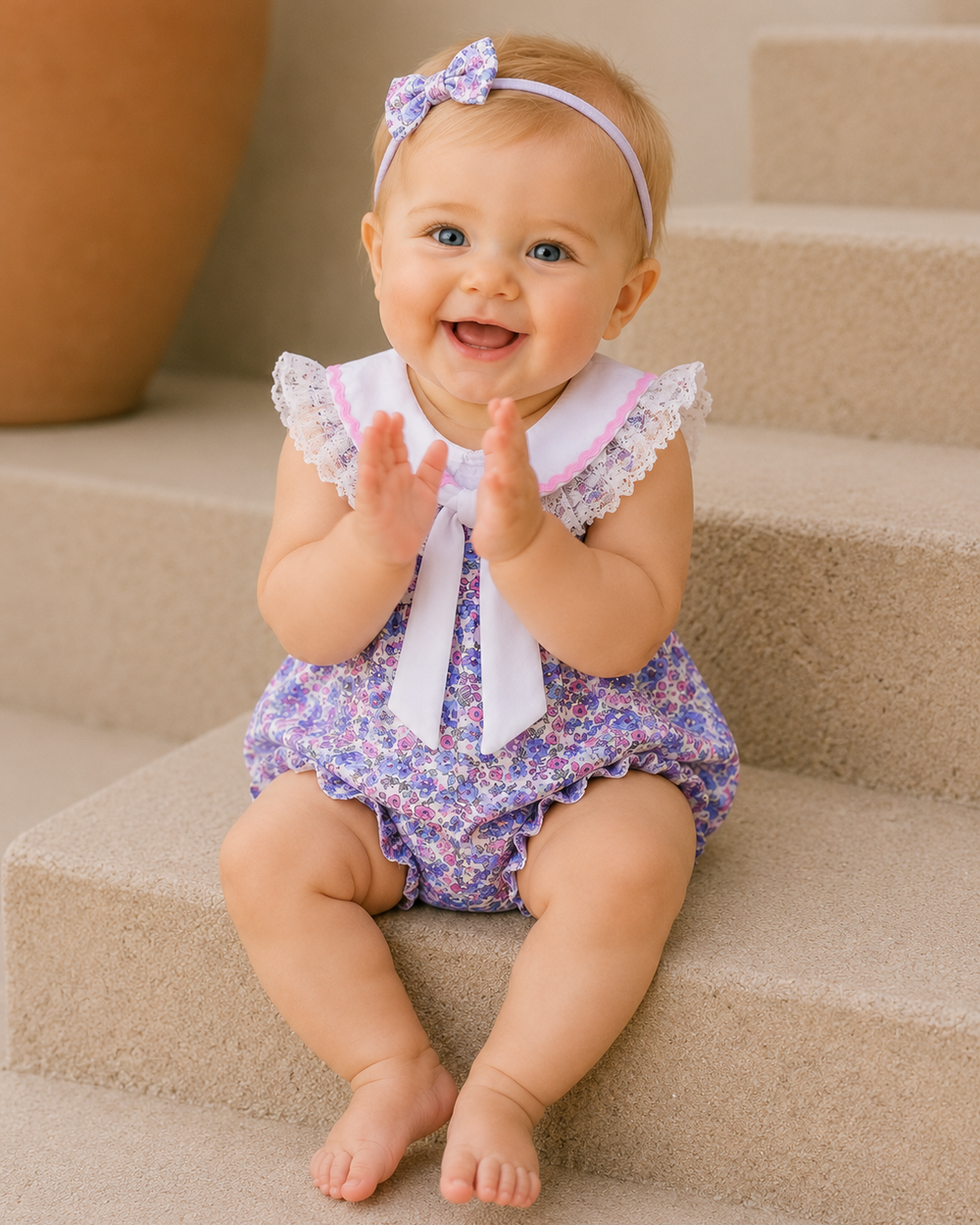Baby sitting on stairs wearing a floral outfit and headband