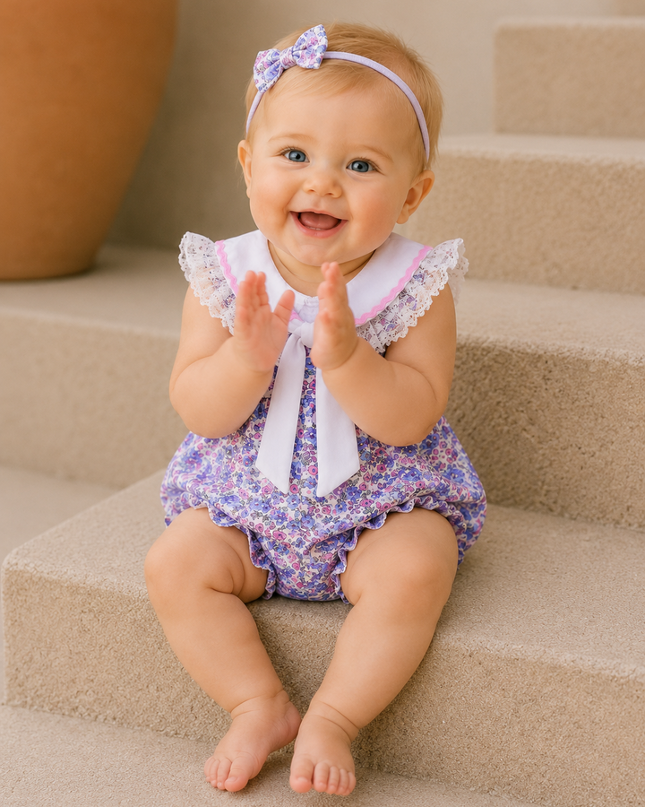 Baby sitting on stairs wearing a floral outfit and headband