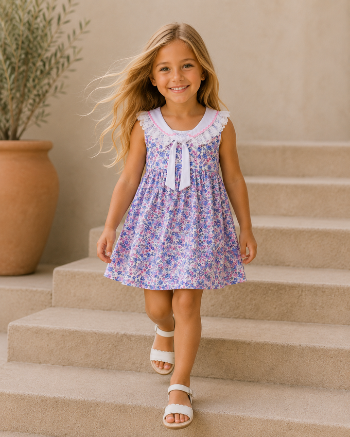 Young girl in a floral dress standing on steps with a plant in the background