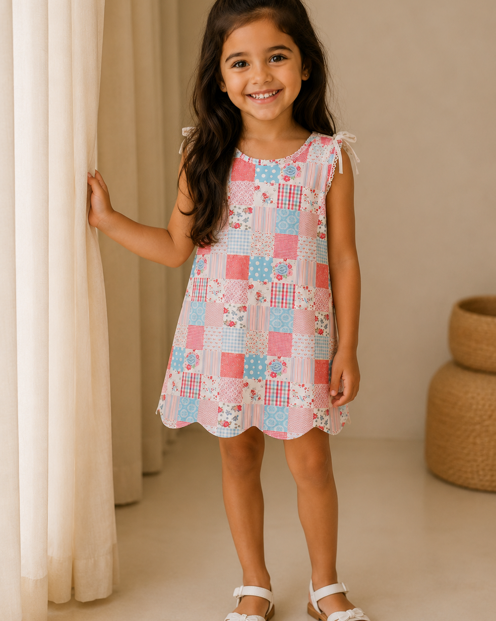 Young girl wearing a colorful patchwork dress standing in a softly lit room.