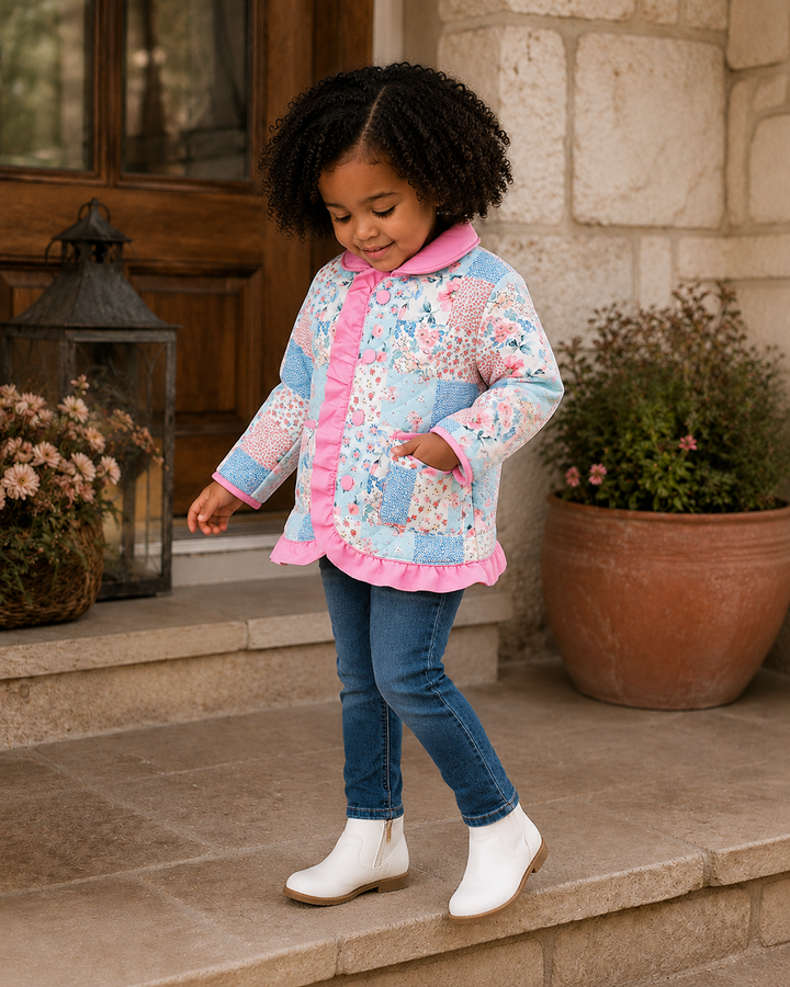 A young girl with curly black hair stands on stone steps wearing a light blue and pink floral patchwork quilted jacket, blue jeans, and white ankle boots. The background shows a rustic stone wall, a wooden door, and potted plants.