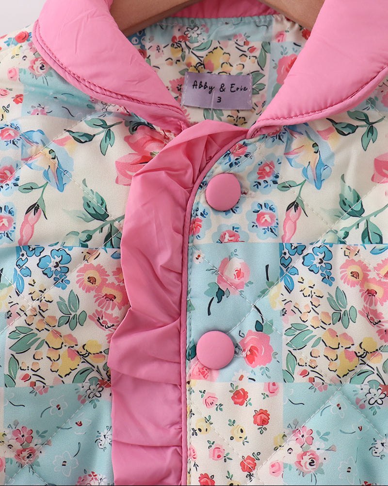 Floral patchwork jacket hood with pink trim and snap-button placket