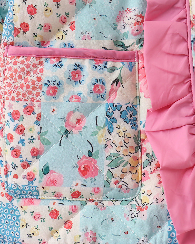 Patchwork floral quilted jacket panel detail with pink ruffle hem