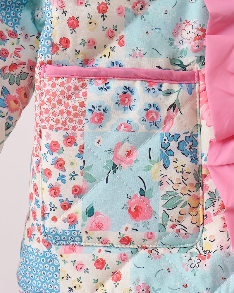 Floral patchwork jacket side panel with pink waistband and ruffle edge