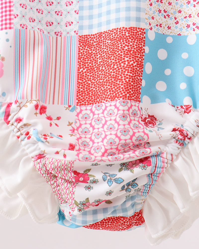 Patchwork fabric with colorful patterns on a white background