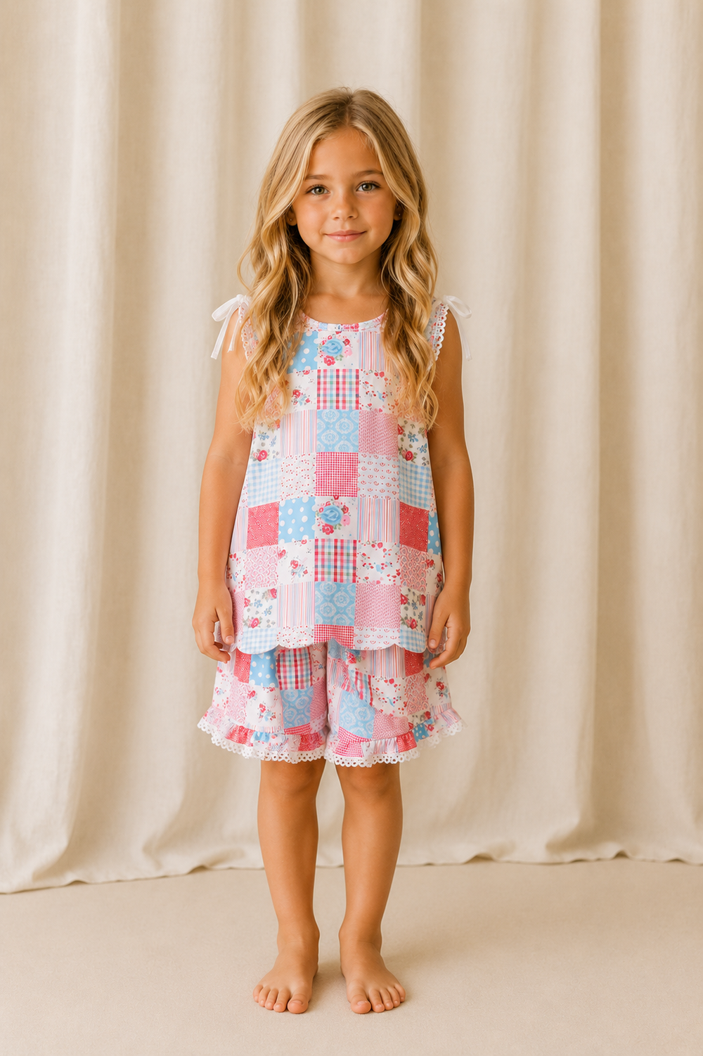 Young girl wearing a colorful patchwork dress against a beige curtain background