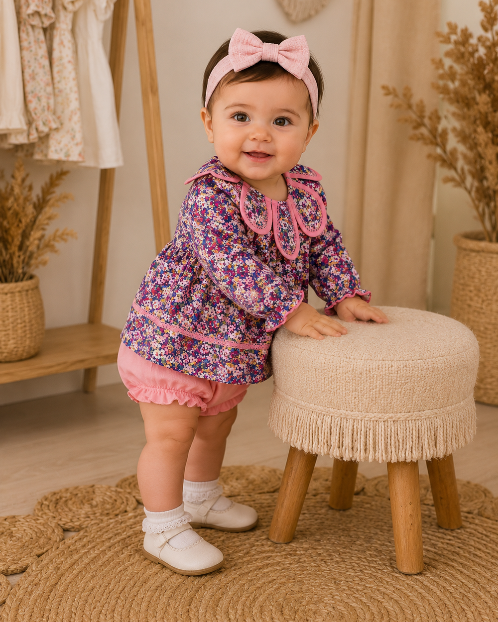 A baby girl wearing a purple and pink floral long-sleeve top with a pink collar, pink ruffled shorts, a pink bow headband, and white shoes, standing next to a small cream-colored stool in a styled nursery setting.