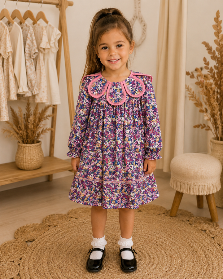 A young girl stands in a boutique wearing a purple floral long-sleeve dress with a pink Peter Pan collar. The background features a wooden clothing rack with neutral-colored baby clothes, a small stool, and a round jute rug.