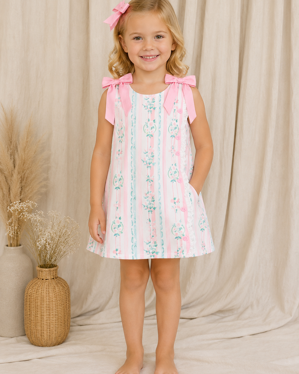 Young girl wearing a floral dress with pink bows against a beige curtain background