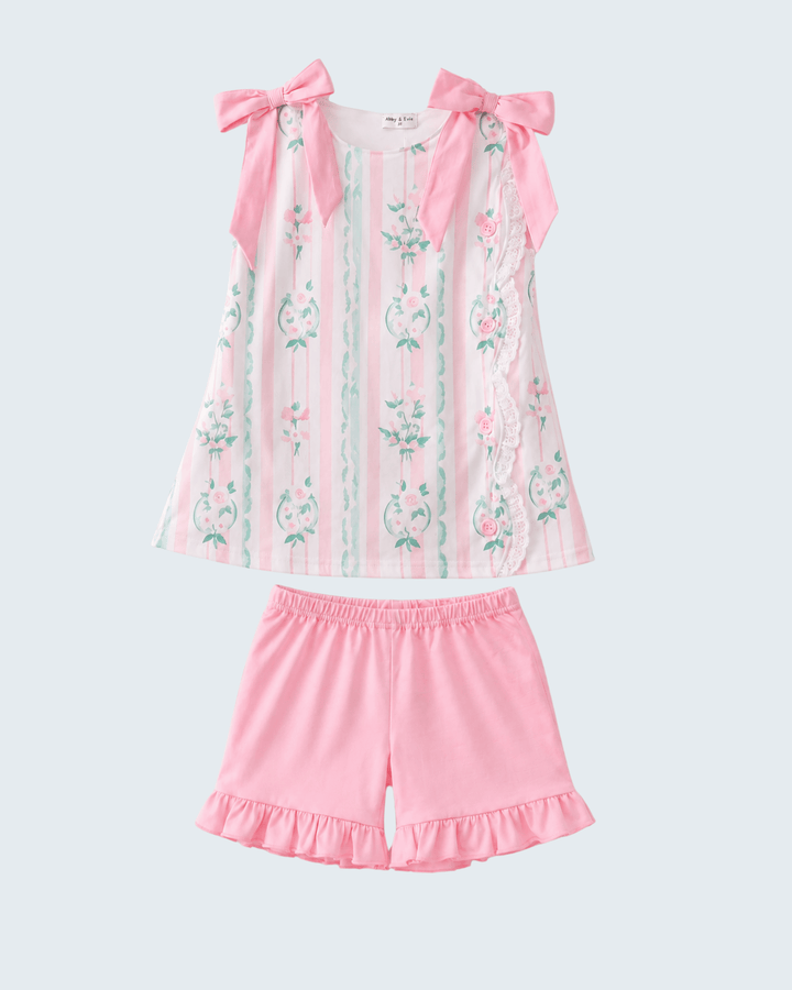 Girl Pink Floral Print Bow Ruffle Shorts Set