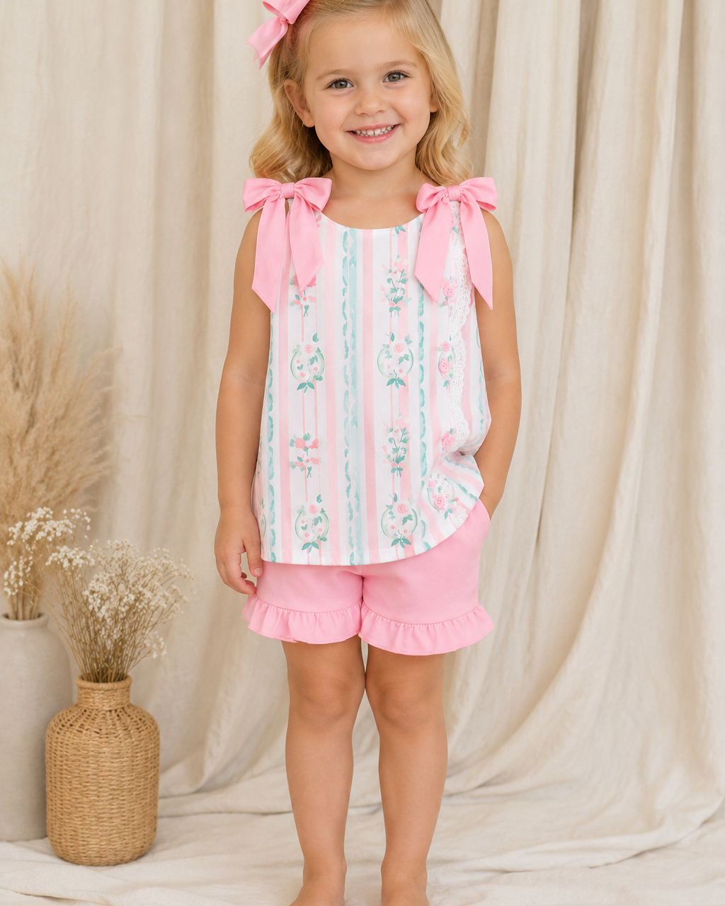 Young girl wearing a floral top with pink bow straps and matching shorts against a beige curtain background.